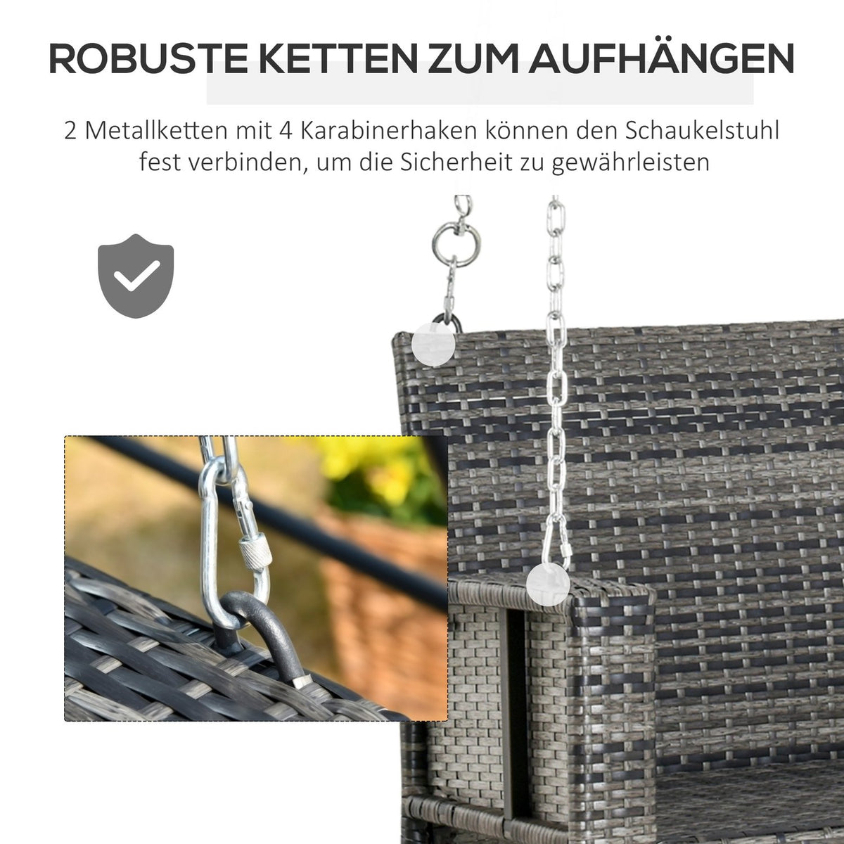 Hanging Bench 2-Seater Rattan Garden Swing With Seat Cushion, Hanging Swing, Hollywood Swing, Grey, 127 X 57.5 X 60 Cm
