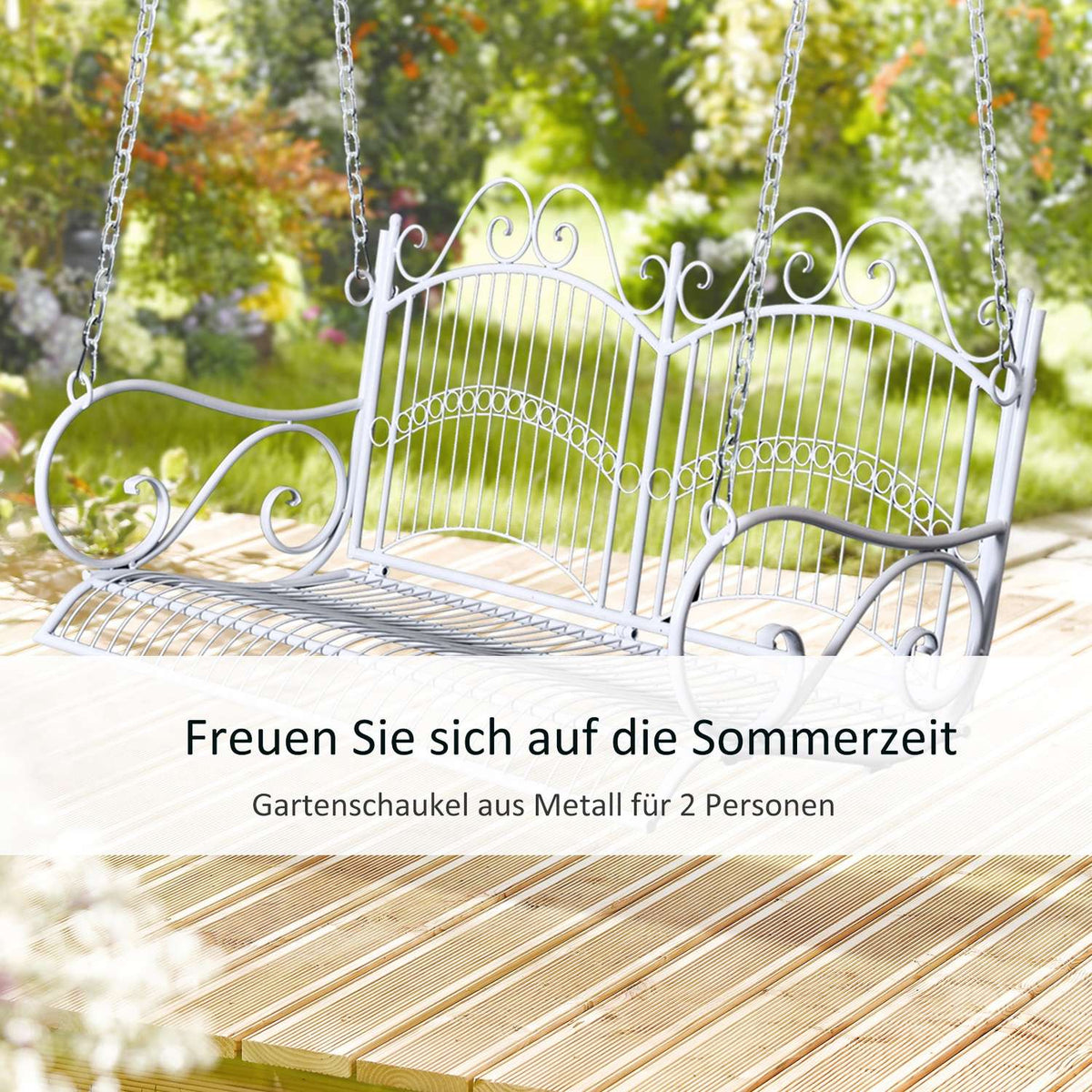 Hanging Bench Elegant Rocking Bench With Chains, Metal, White, 118X58X57Cm