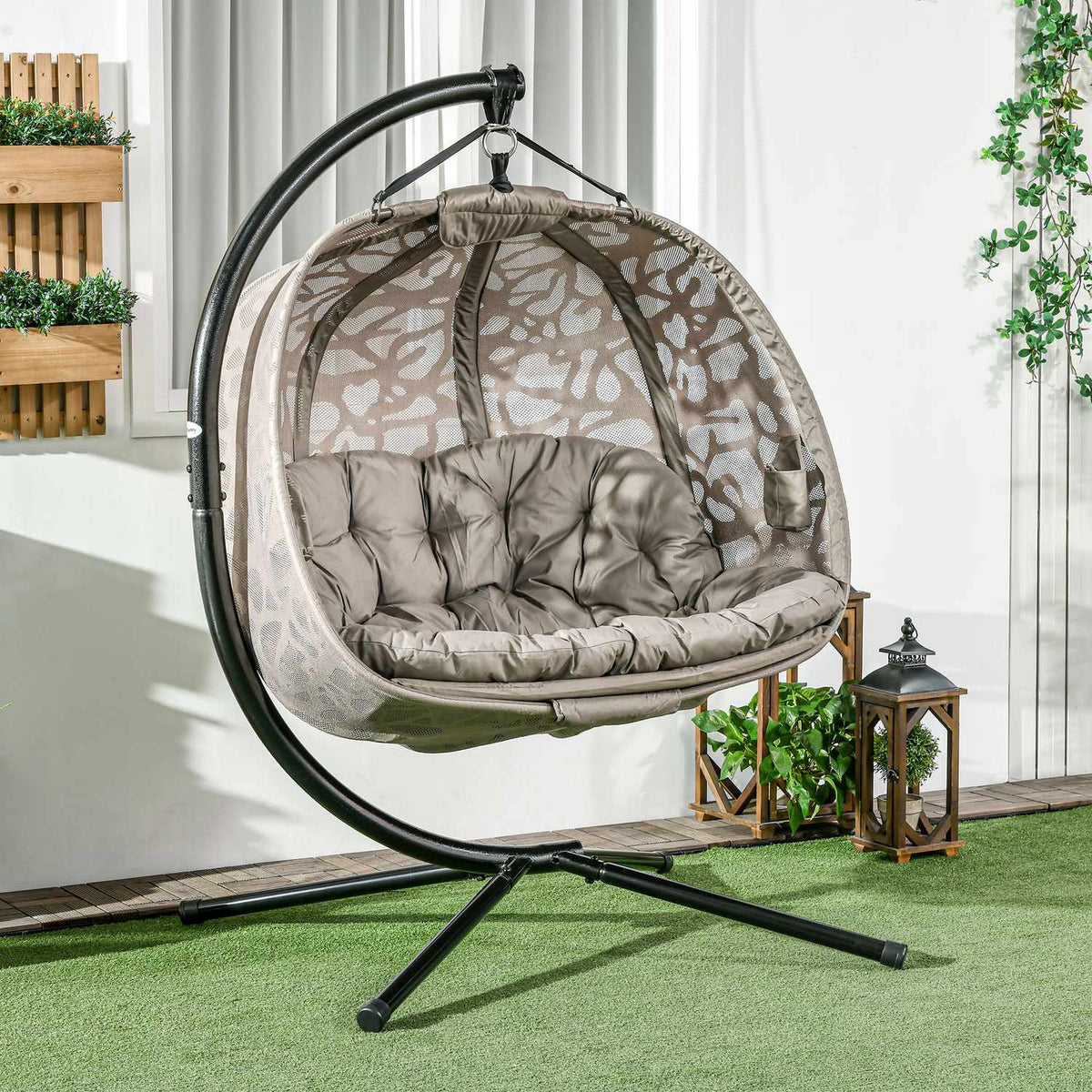 Hanging Chair, 2-Seater Hanging Chair With Cushion, Hanging Swing With Folding Seat Basket, Load Capacity Up To 240 Kg, Polyester + Steel, Sand