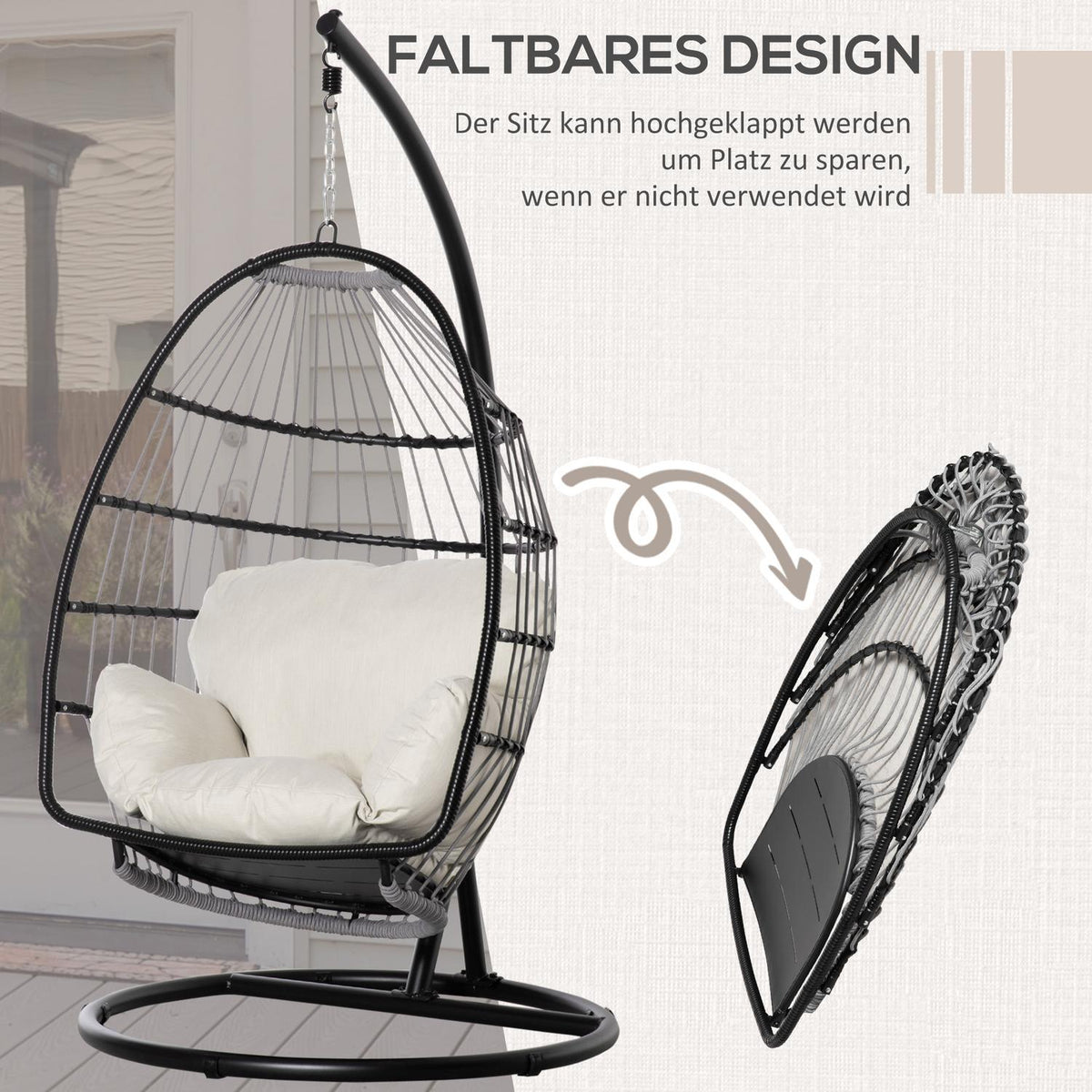 Hanging Chair Hanging Basket With Frame Hanging Swing Hanging Chair With Cushion Basket Foldable Metal Black + Cream White 101 X 101 X 188 Cm