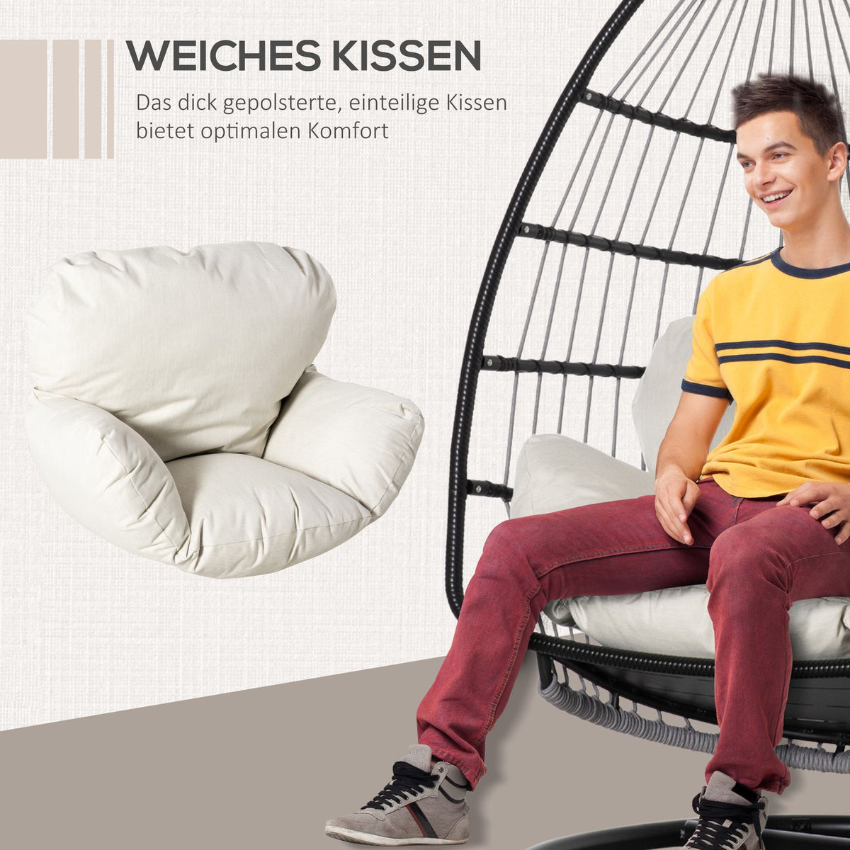Hanging Chair Hanging Basket With Frame Hanging Swing Hanging Chair With Cushion Basket Foldable Metal Black + Cream White 101 X 101 X 188 Cm