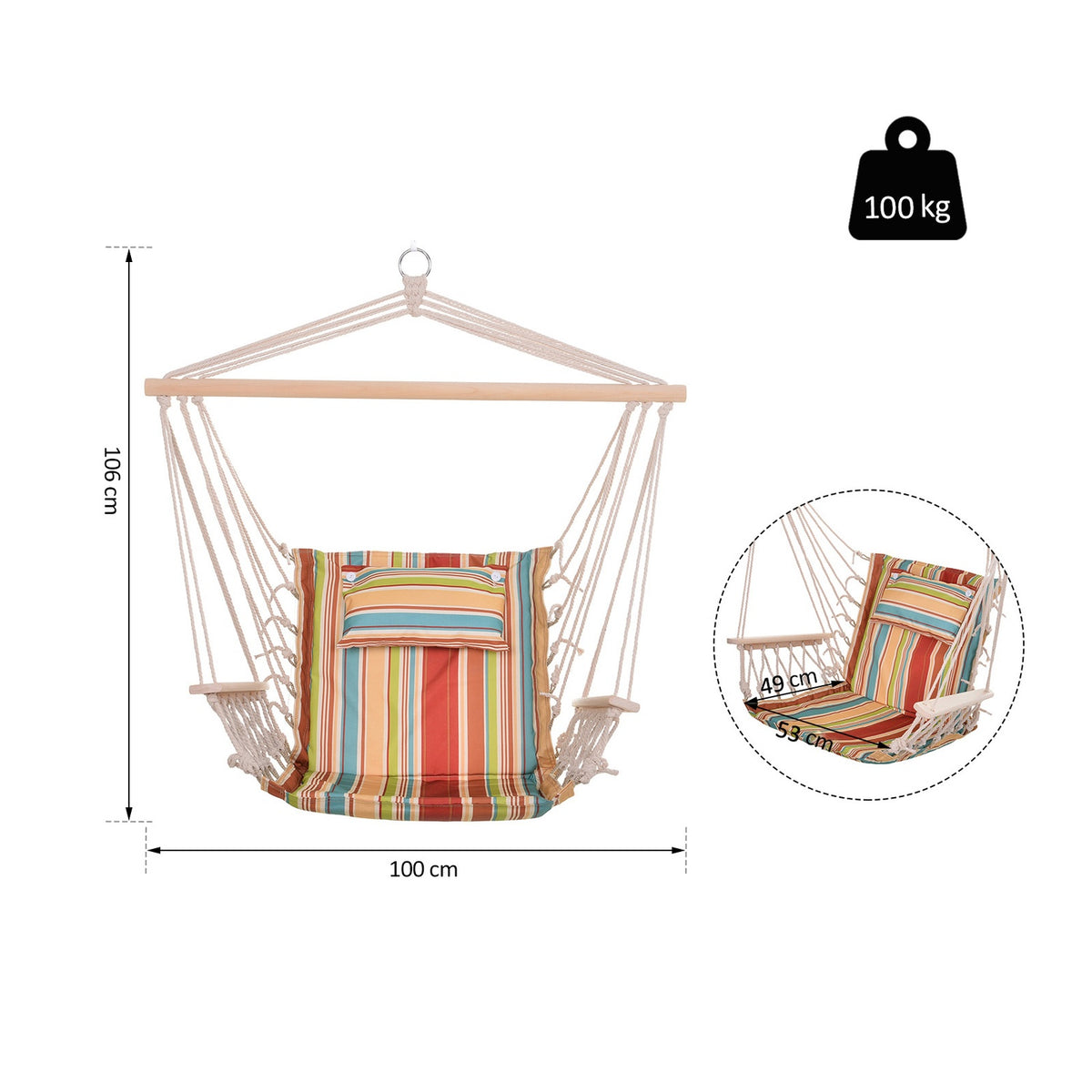 Hanging Chair With Crossbar And Cushion, Easy To Carry, Easy To Pack And Store, Can Hold Up To 100 Kg, Multi-Colored