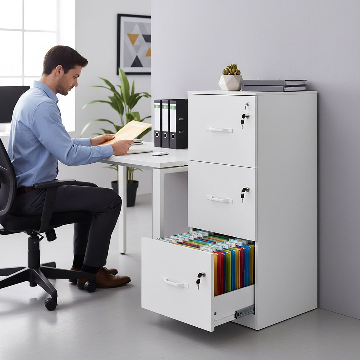 Hanging File Cabinet, 3 Drawers, Lockable, Compact