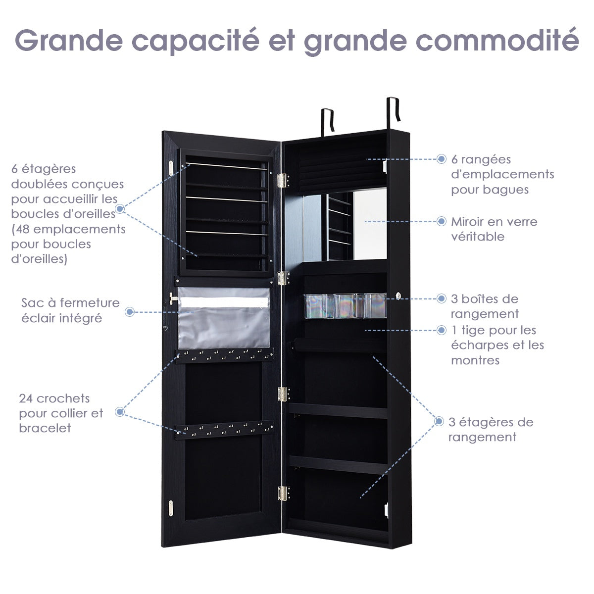 Hanging Jewelry Cabinet With LED Mirror, Black 120x40cm
