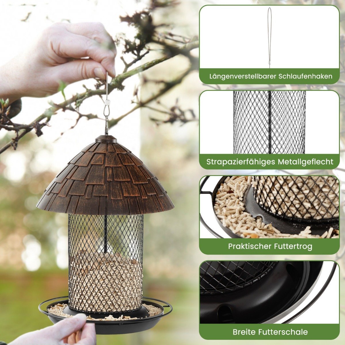 Hanging bird feeder metal bird feeder 20 x 28 cm brown