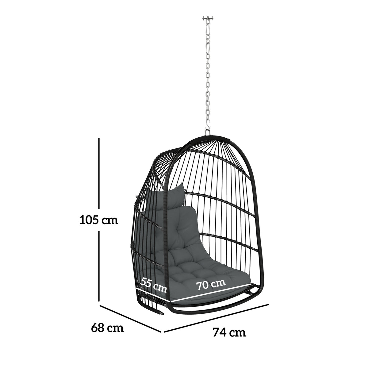 Hanging chair hanging basket with cushion polyrattan swing outdoor indoor foldable hanging chair load capacity up to 150kg hanging swing basket hanging chair for living room balcony terrace dark gray