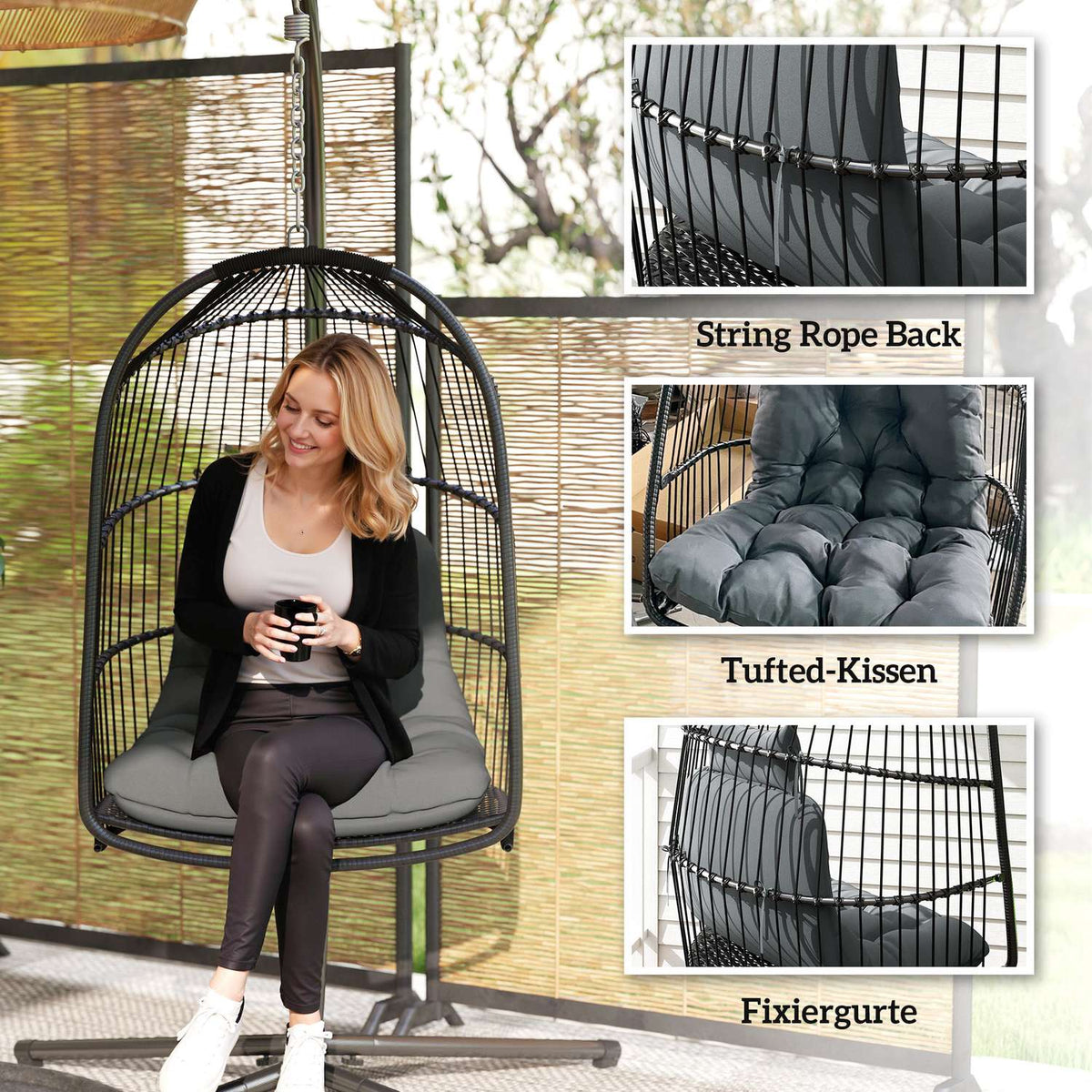 Hanging chair hanging basket with cushion polyrattan swing outdoor indoor foldable hanging chair load capacity up to 150kg hanging swing basket hanging chair for living room balcony terrace dark gray