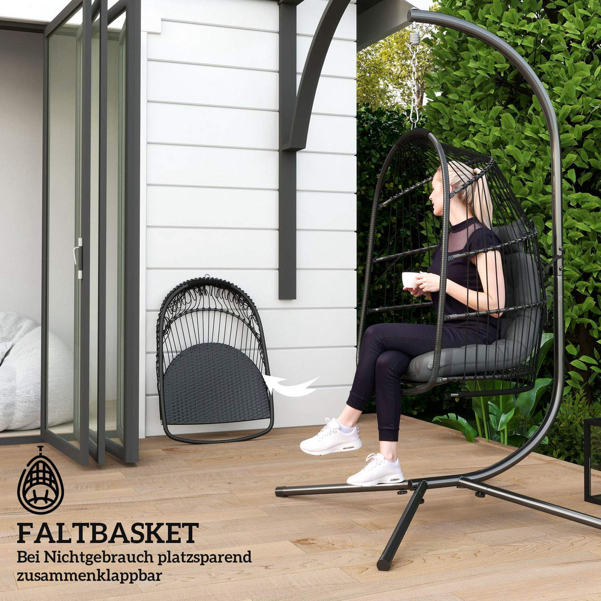 Hanging chair hanging basket with cushion polyrattan swing outdoor indoor foldable hanging chair load capacity up to 150kg hanging swing basket hanging chair for living room balcony terrace dark gray