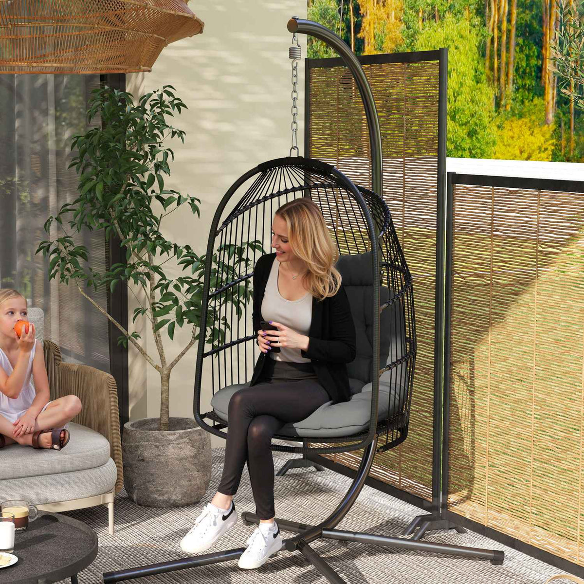 Hanging chair hanging basket with cushion polyrattan swing outdoor indoor foldable hanging chair load capacity up to 150kg hanging swing basket hanging chair for living room balcony terrace dark gray