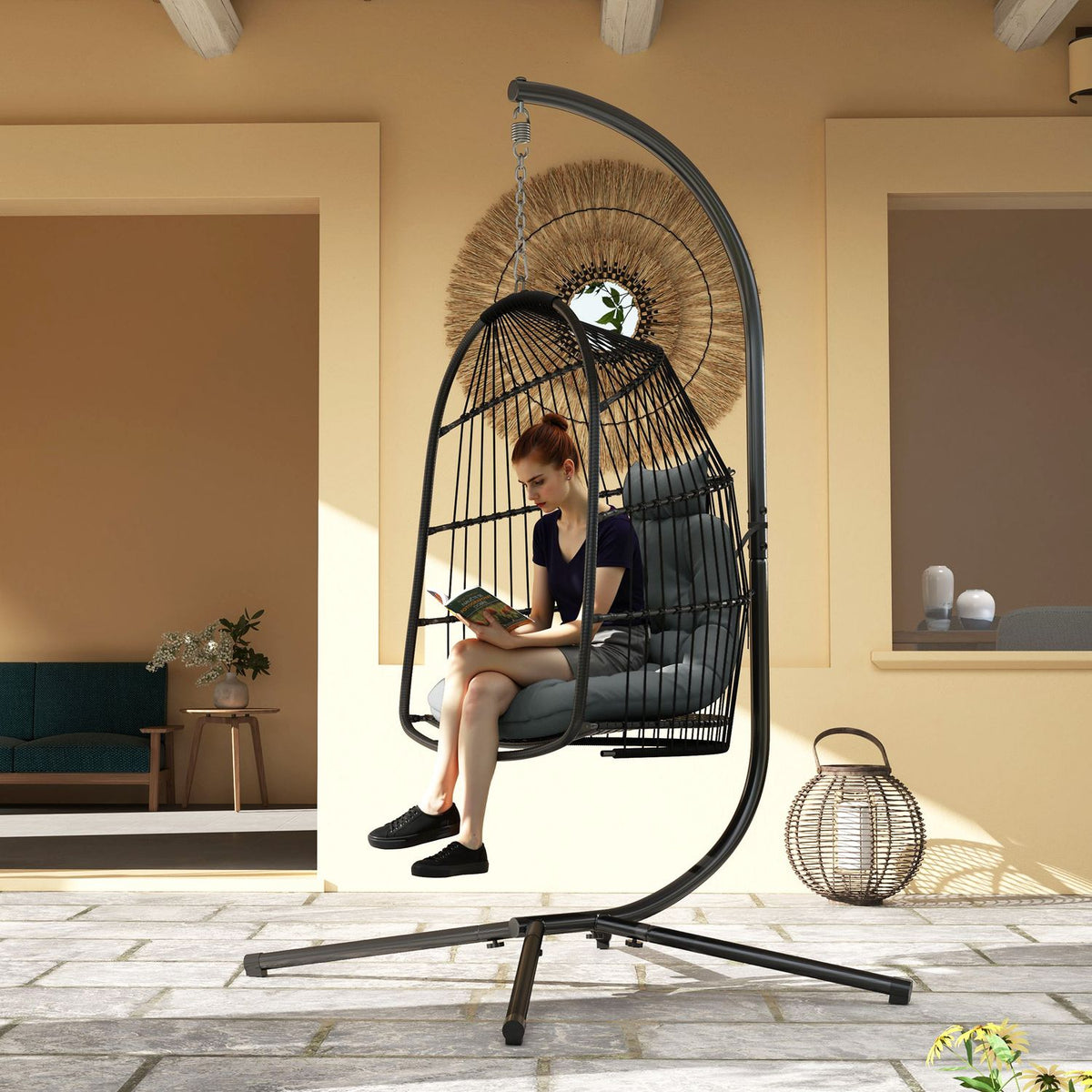 Hanging chair hanging basket with cushion polyrattan swing outdoor indoor foldable hanging chair load capacity up to 150kg hanging swing basket hanging chair for living room balcony terrace dark gray