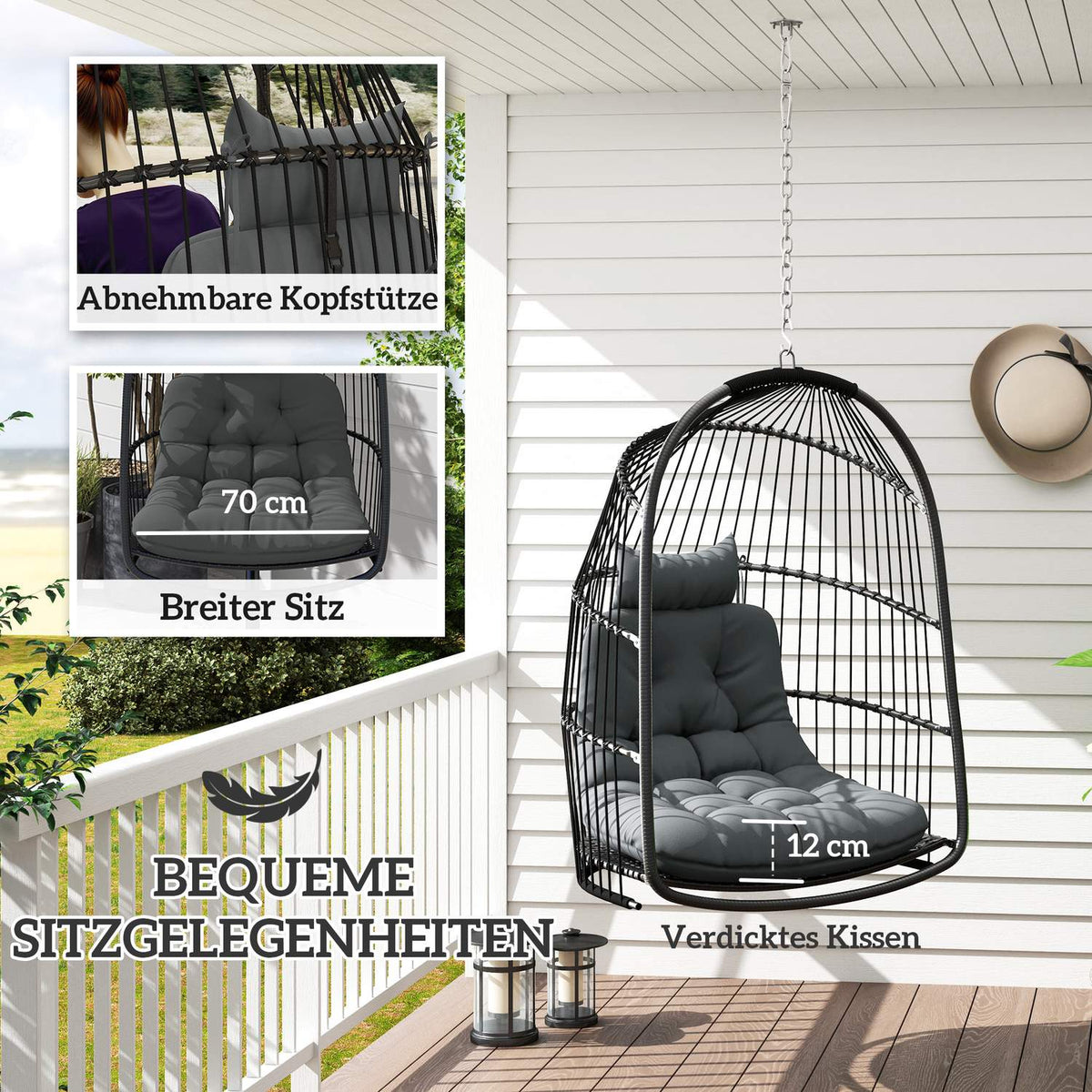 Hanging chair hanging basket with cushion polyrattan swing outdoor indoor foldable hanging chair load capacity up to 150kg hanging swing basket hanging chair for living room balcony terrace dark gray
