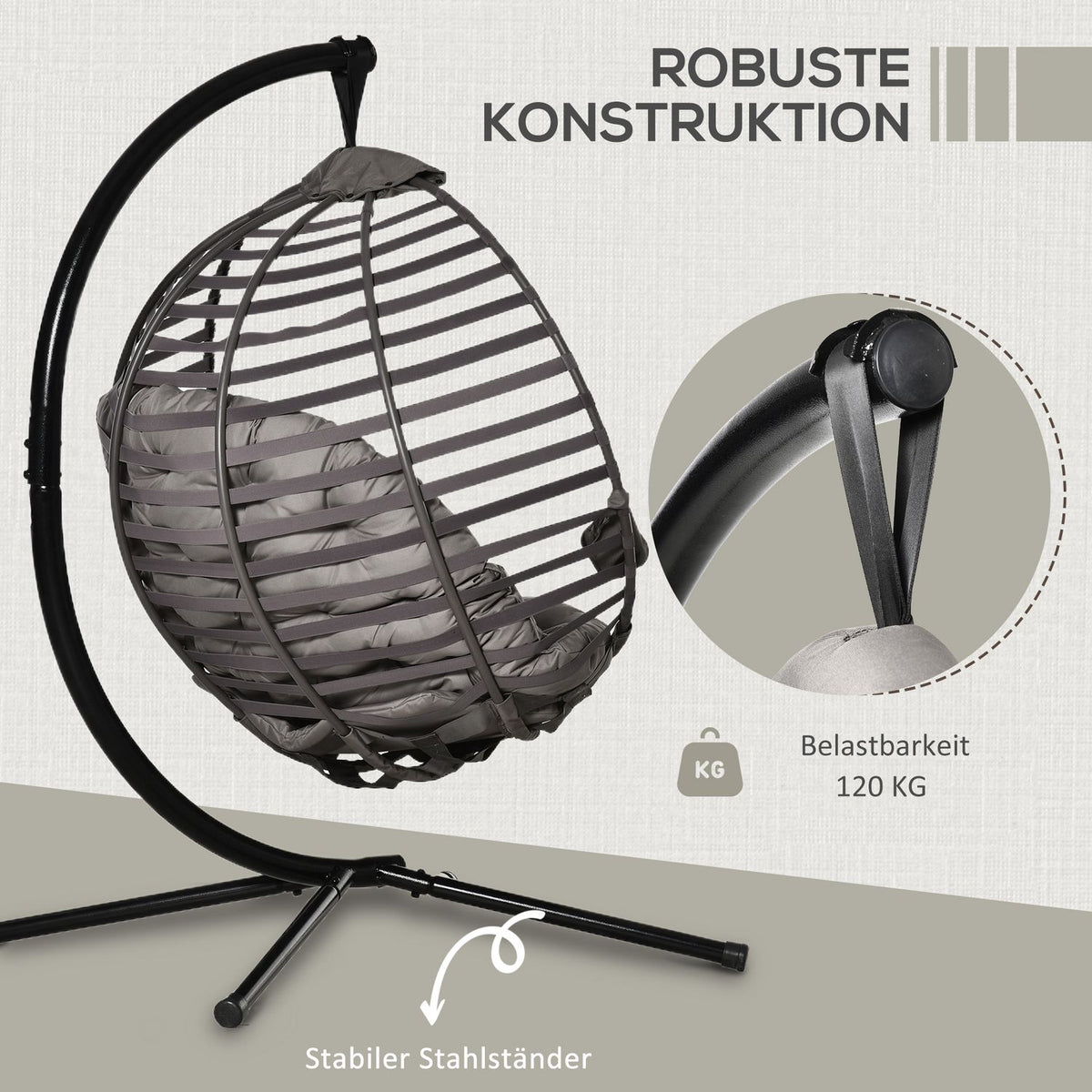 Hanging chair hanging basket with frame for 1 person, foldable hanging swing with cushion, steel, 126x118x172cm for garden & balcony