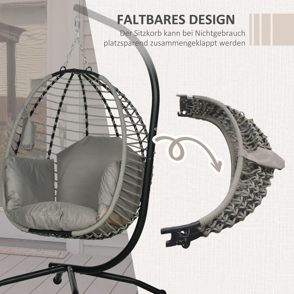 Hanging chair hanging swing with cup bag folding seat basket hanging chair with cushion rattan look load capacity up to 120 kg steel gray for garden & balcony