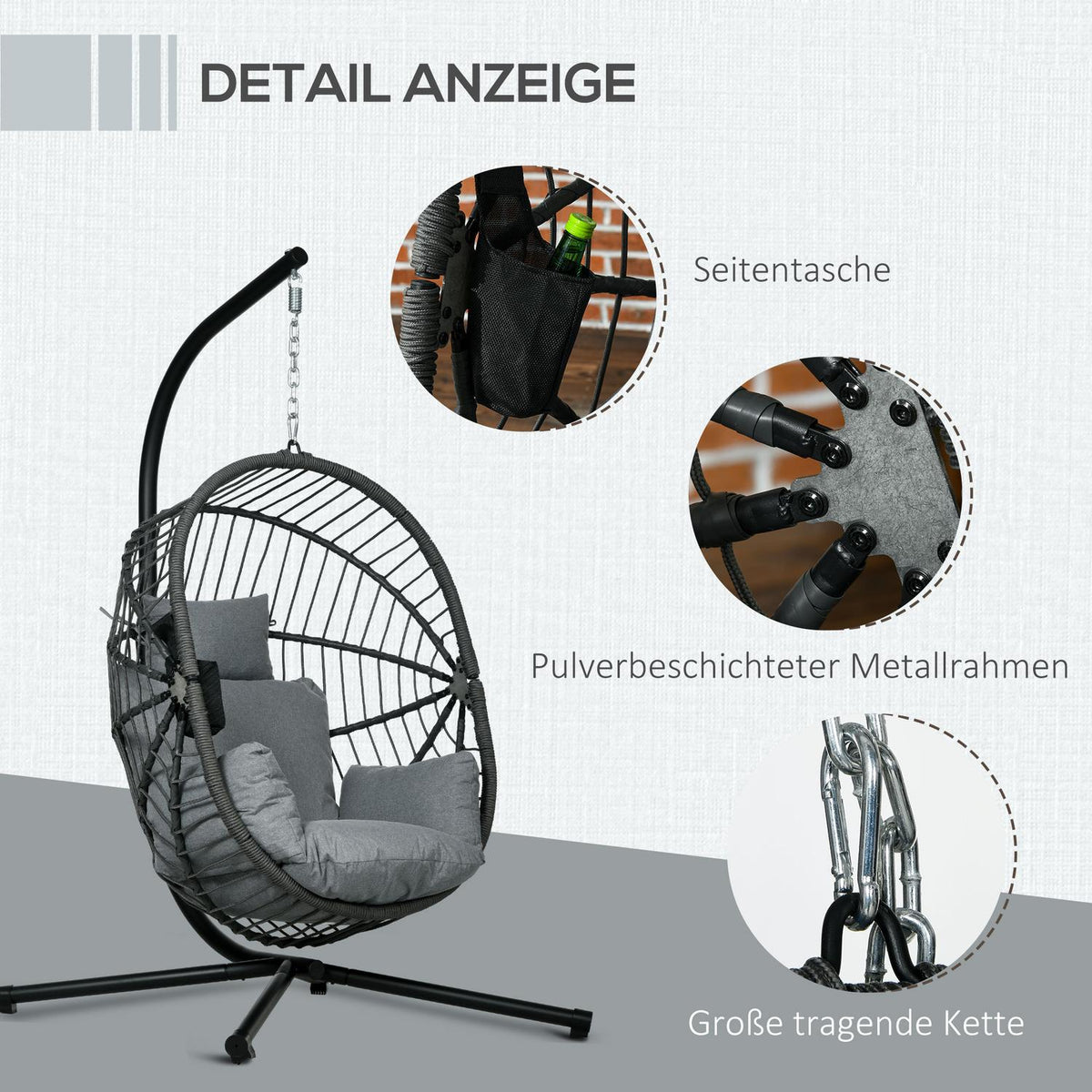 Hanging chair hanging swing with cushion and cup holder, folding seat basket in rattan look, load capacity up to 120 kg, made of gray steel