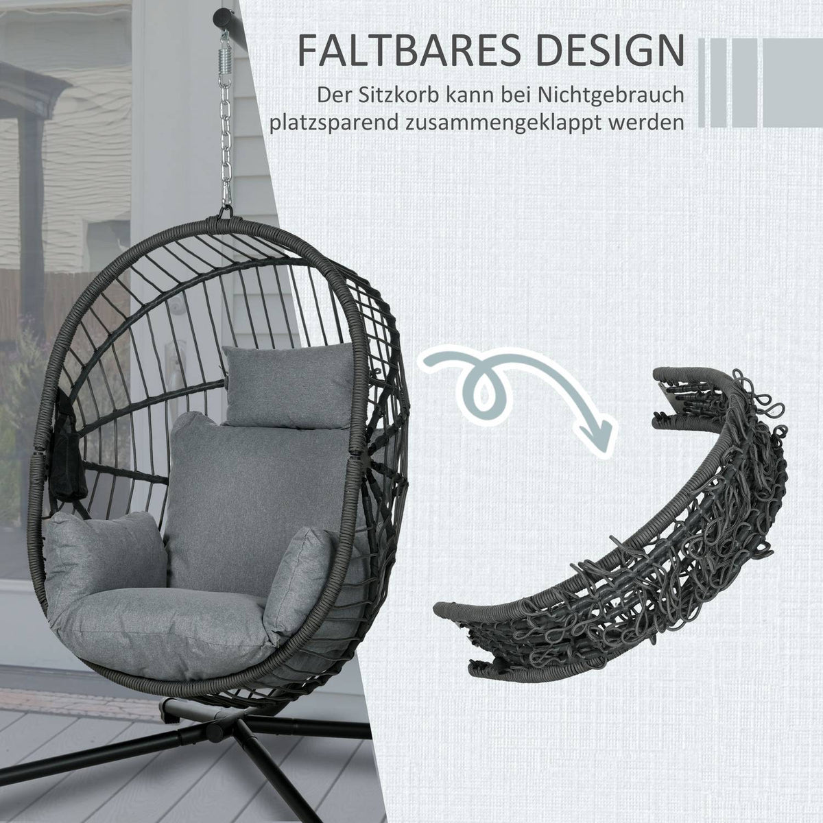 Hanging chair hanging swing with cushion and cup holder, folding seat basket in rattan look, load capacity up to 120 kg, made of gray steel