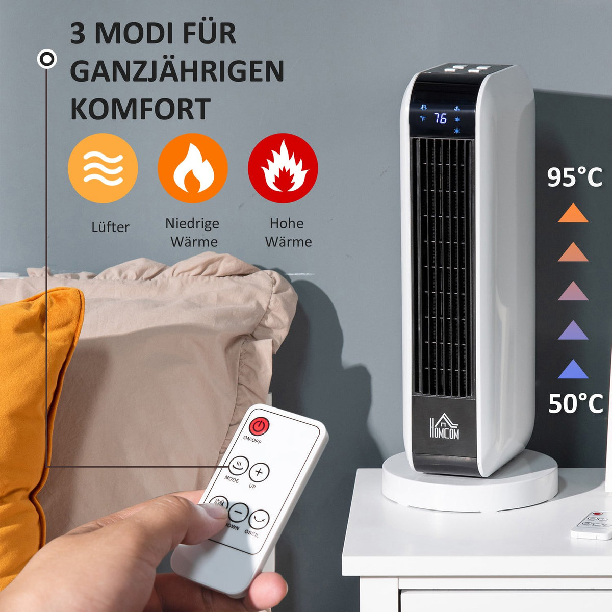 Heater Fan Heater 2000W Electric Heater Ceramic Heating Tower With 3 Heating Levels Remote Control 8-Hour Timer Oscillation Heater Ø18 X 44H Cm