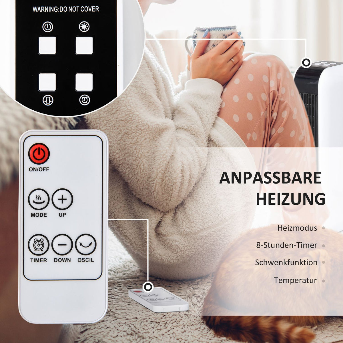 Heater Fan Heater 2000W Electric Heater Ceramic Heating Tower With 3 Heating Levels Remote Control 8-Hour Timer Oscillation Heater Ø18 X 44H Cm