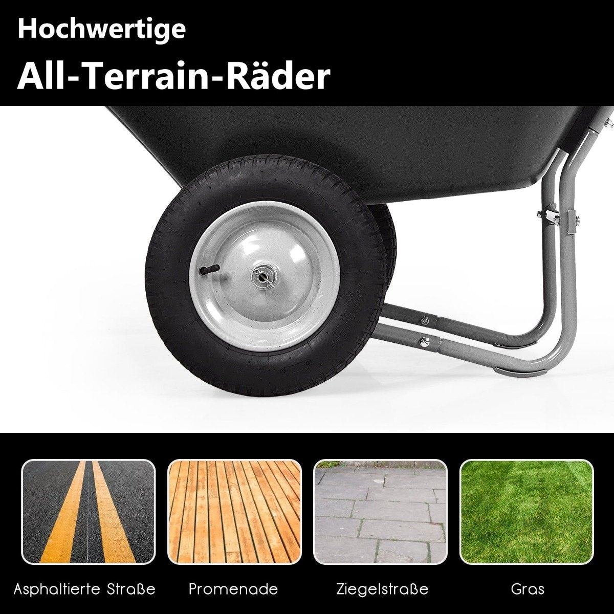 Heavy-Duty Garden Wheelbarrow, 2 Wheels, 145x65x65 cm, Black