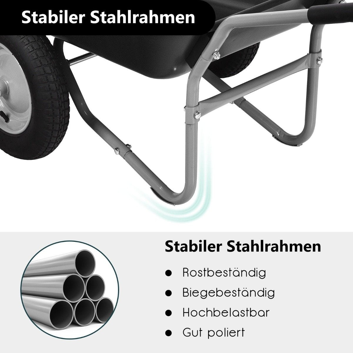 Heavy-Duty Garden Wheelbarrow, 2 Wheels, 145x65x65 cm, Black