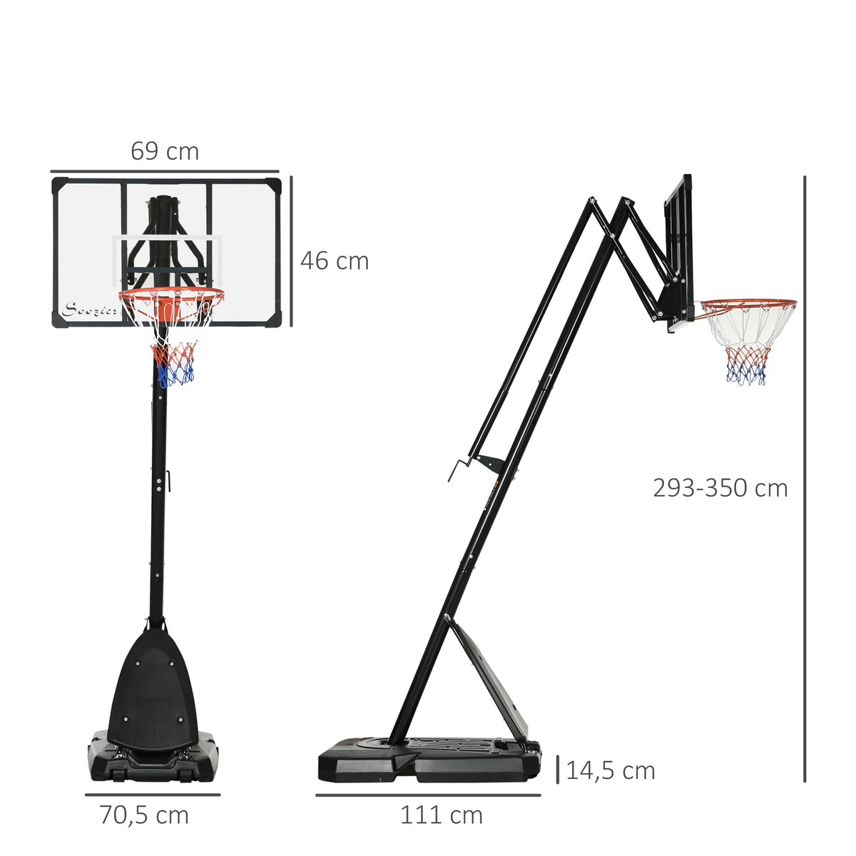 Height-Adjustable Basketball Stand 293-350 Cm Rollable Steel Basketball Backboard Stand
