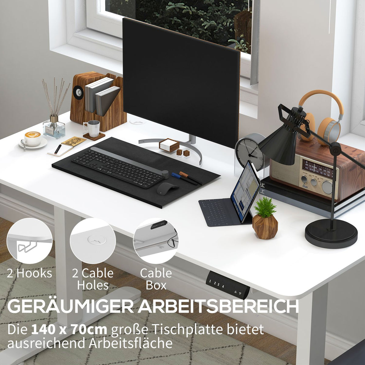 Height-Adjustable Desk 140X70Cm Electric Computer Desk 4 Memory Ergonomic Seat Standing Desk Hook Anti-Collision White