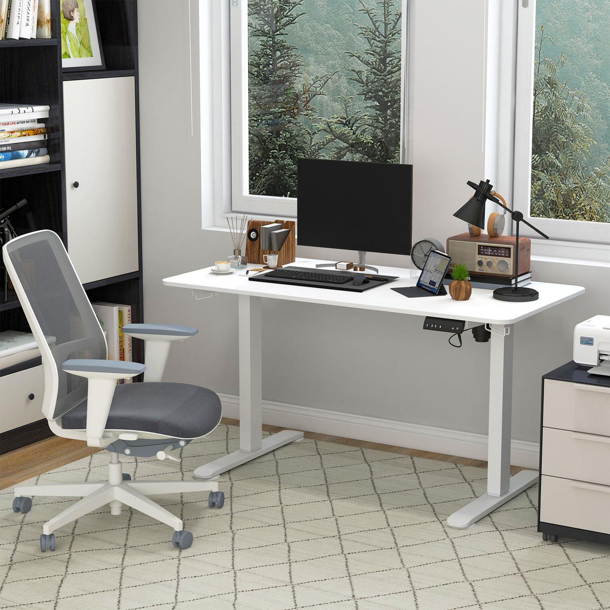 Height-Adjustable Desk 140X70Cm Electric Computer Desk 4 Memory Ergonomic Seat Standing Desk Hook Anti-Collision White