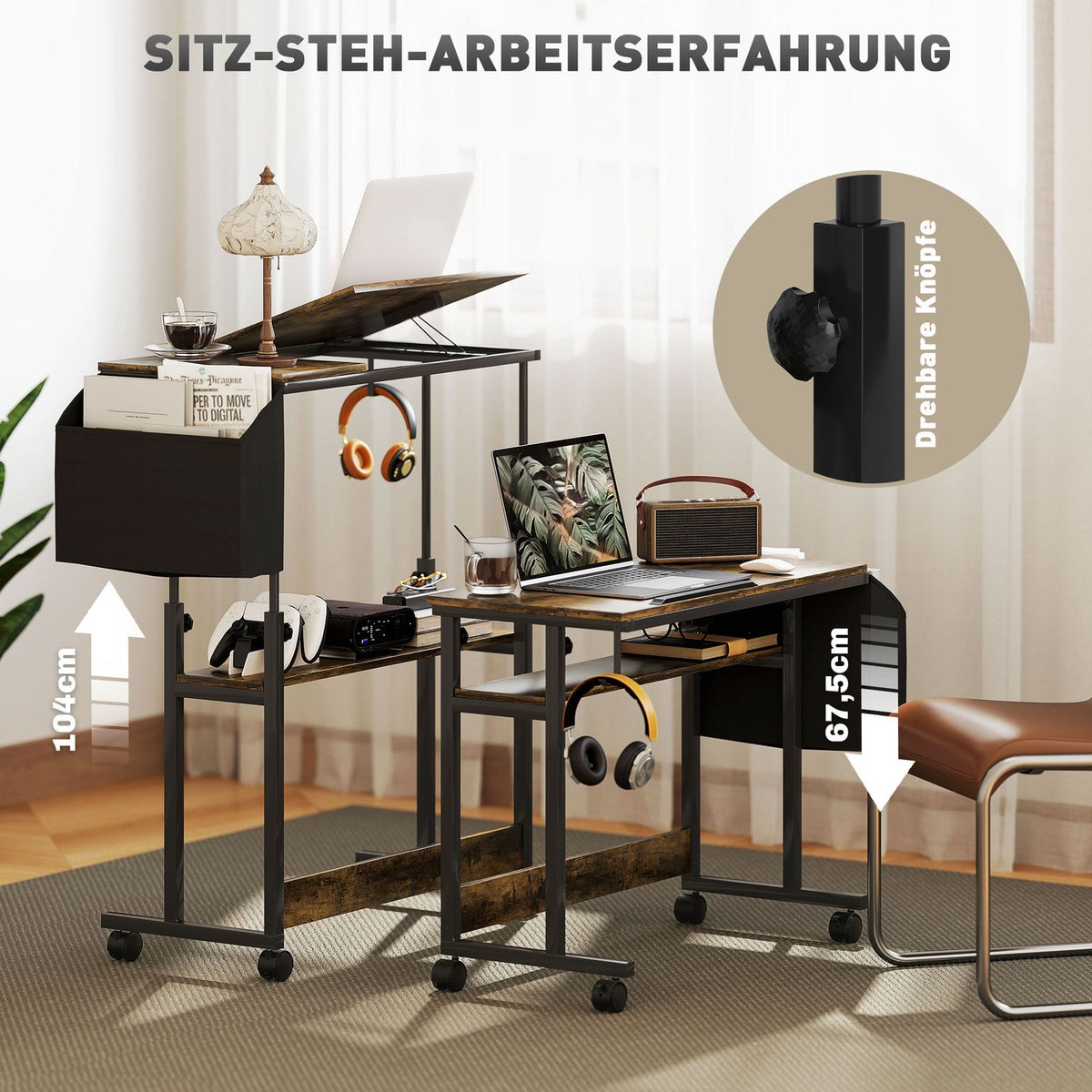 Height Adjustable Desk 92 x 40 cm Computer Desk with Wheels Tilting Platform Storage Bag for Study Office Steel Rustic Brown