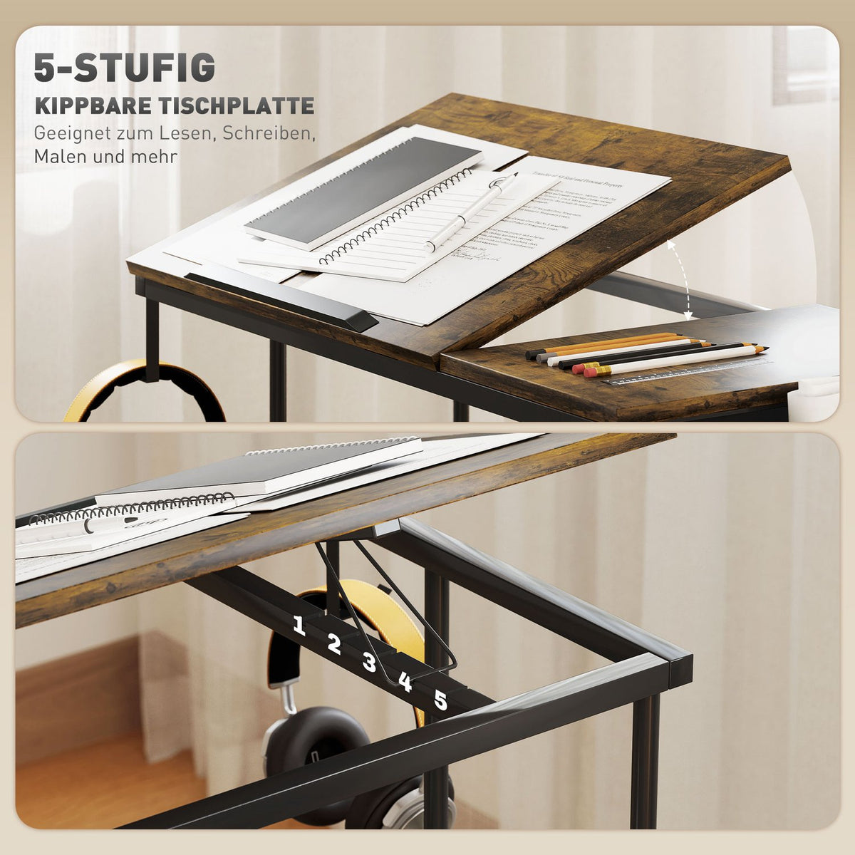 Height Adjustable Desk 92 x 40 cm Computer Desk with Wheels Tilting Platform Storage Bag for Study Office Steel Rustic Brown