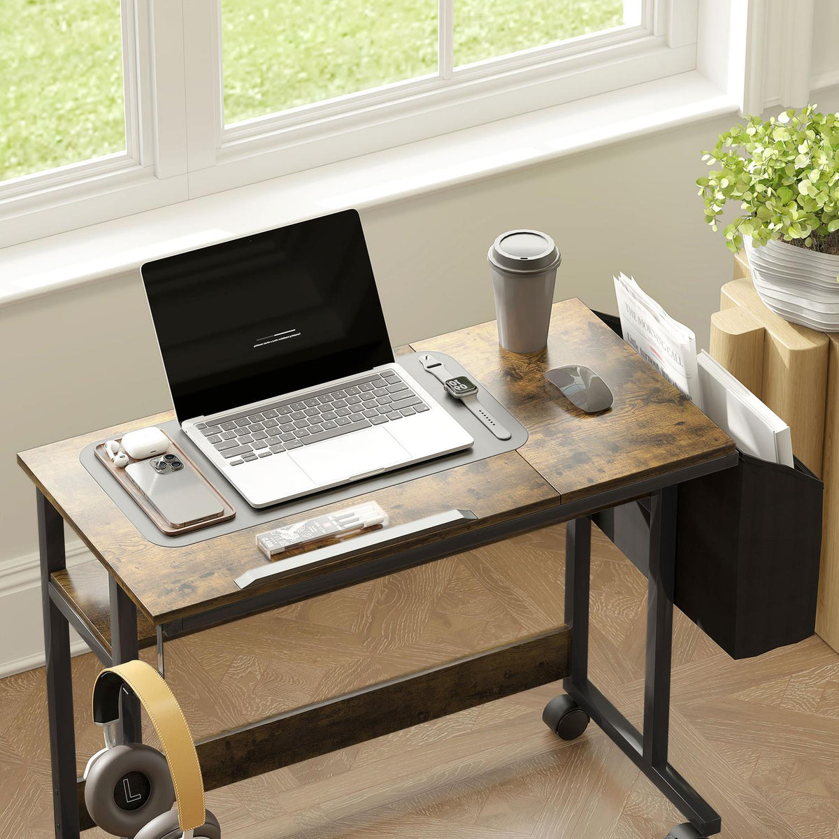 Height Adjustable Desk 92 x 40 cm Computer Desk with Wheels Tilting Platform Storage Bag for Study Office Steel Rustic Brown
