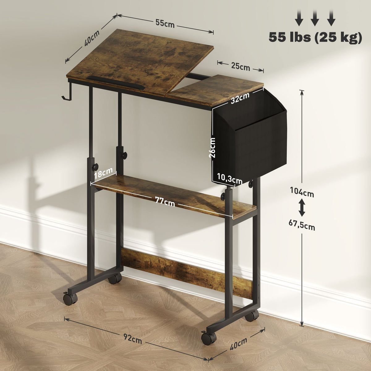 Height Adjustable Desk 92 x 40 cm Computer Desk with Wheels Tilting Platform Storage Bag for Study Office Steel Rustic Brown