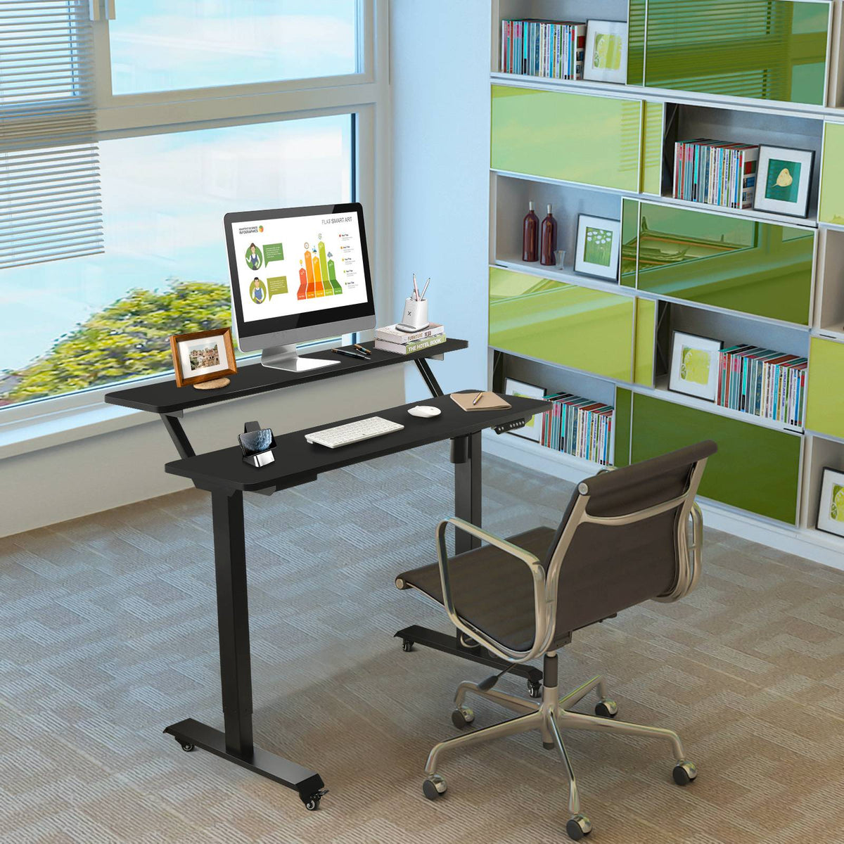 Height Adjustable Desk on Wheels, 120x68 cm, Black