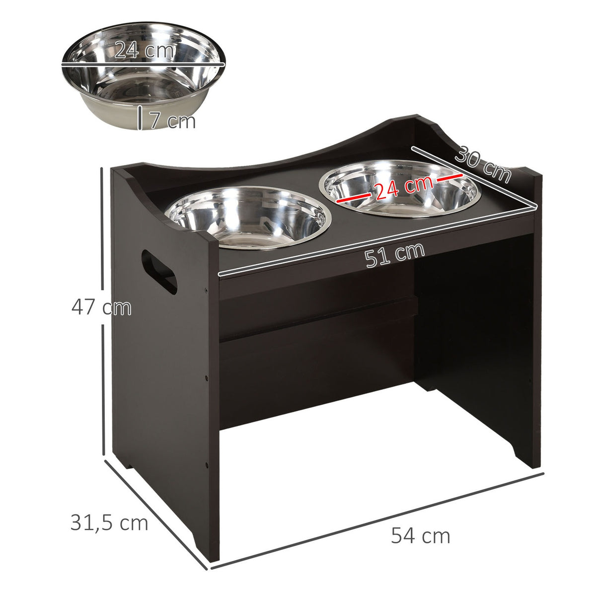 Height-Adjustable Dog Bowl, Feeding Station With Stainless Steel Bowl, For Dogs And Cats, Mdf, Dark Brown, 54X31.5X47Cm