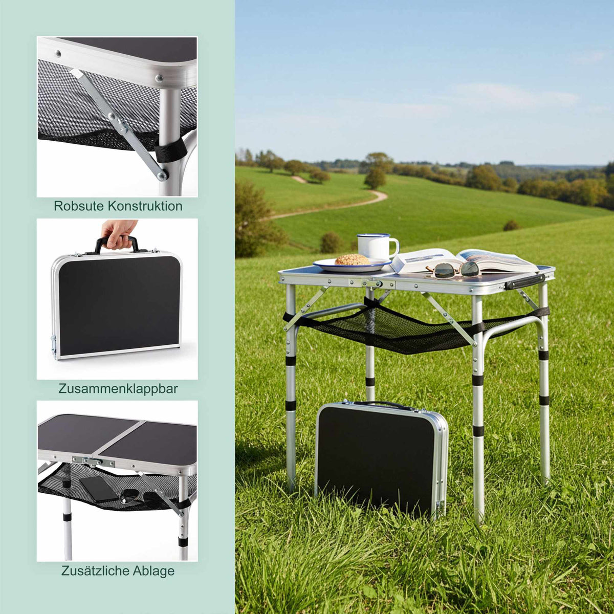 Height-Adjustable Folding Camping Table, Aluminium Frame