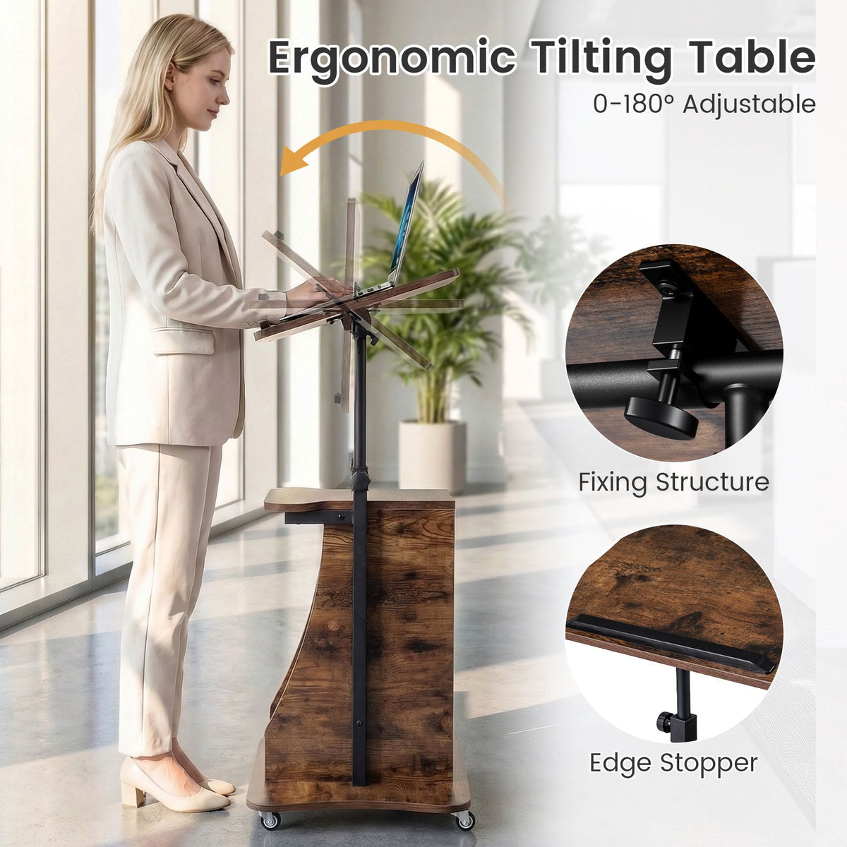 Height-Adjustable Mobile Laptop Cart, Tilt Top, Storage, White