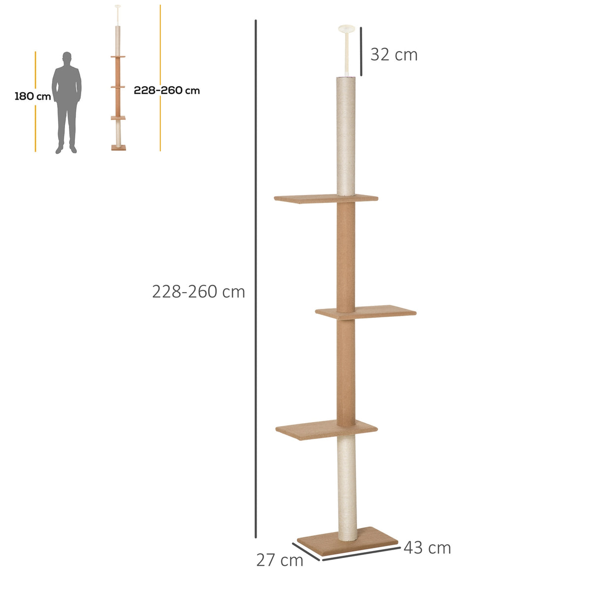 Height-Adjustable Scratching Post Climbing Tree For Cats, Play Tree, Khaki, 43X27X228-260Cm