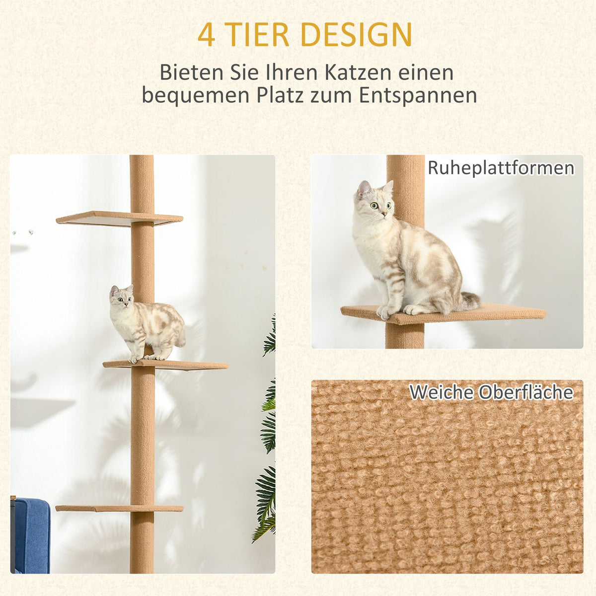 Height-Adjustable Scratching Post Climbing Tree For Cats, Play Tree, Light Brown, 43X27X228-260Cm
