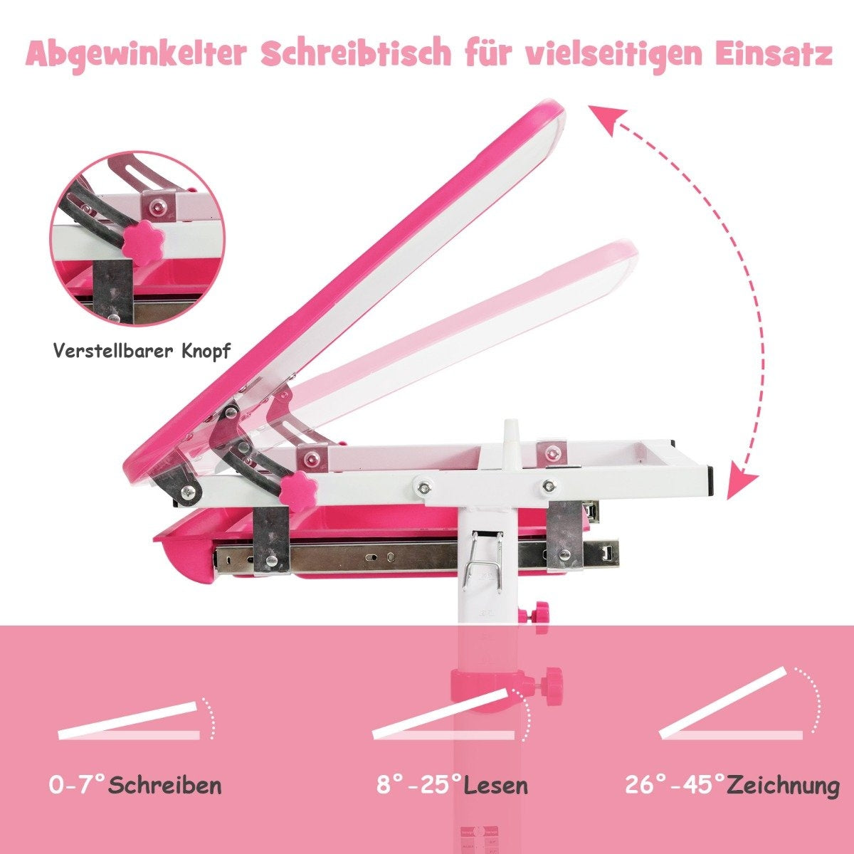 Height-adjustable children's desk set with tilting table top and drawer pink