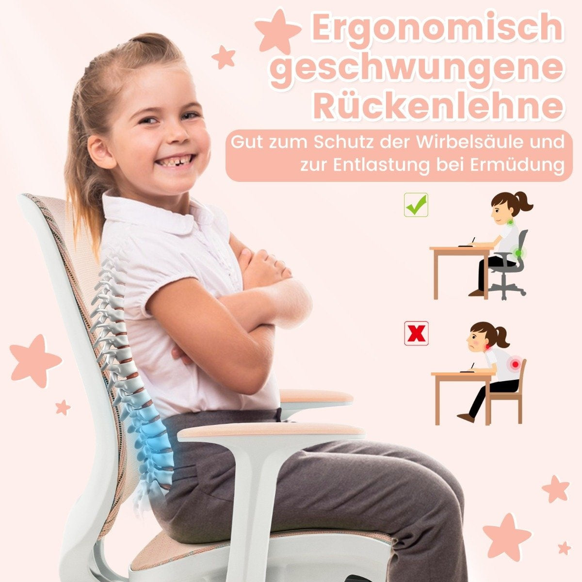 Height-adjustable children's swivel chair with seat brake Ergonomic desk chair Office chair Pink