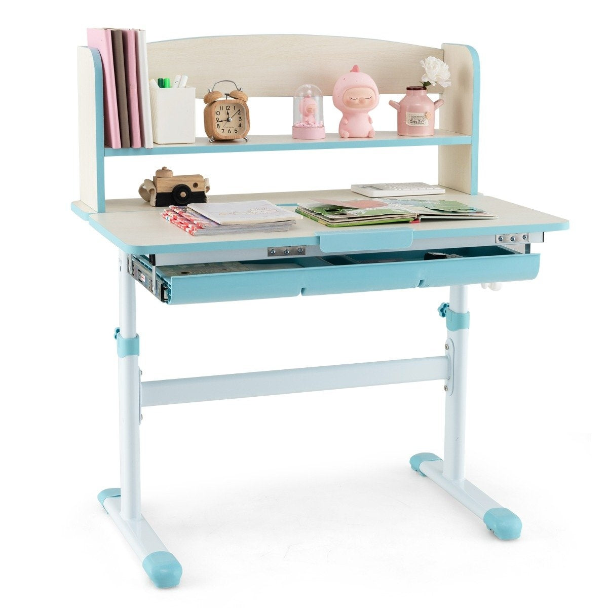Height-adjustable desk with tilting table top & Drawer & Shelf Children's Study Table Blue