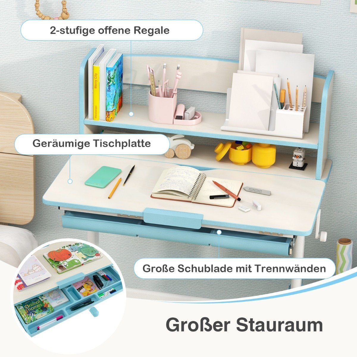 Height-adjustable desk with tilting table top & Drawer & Shelf Children's Study Table Blue