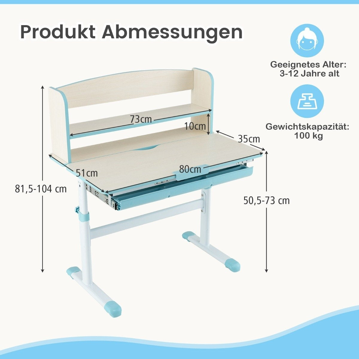Height-adjustable desk with tilting table top & Drawer & Shelf Children's Study Table Blue