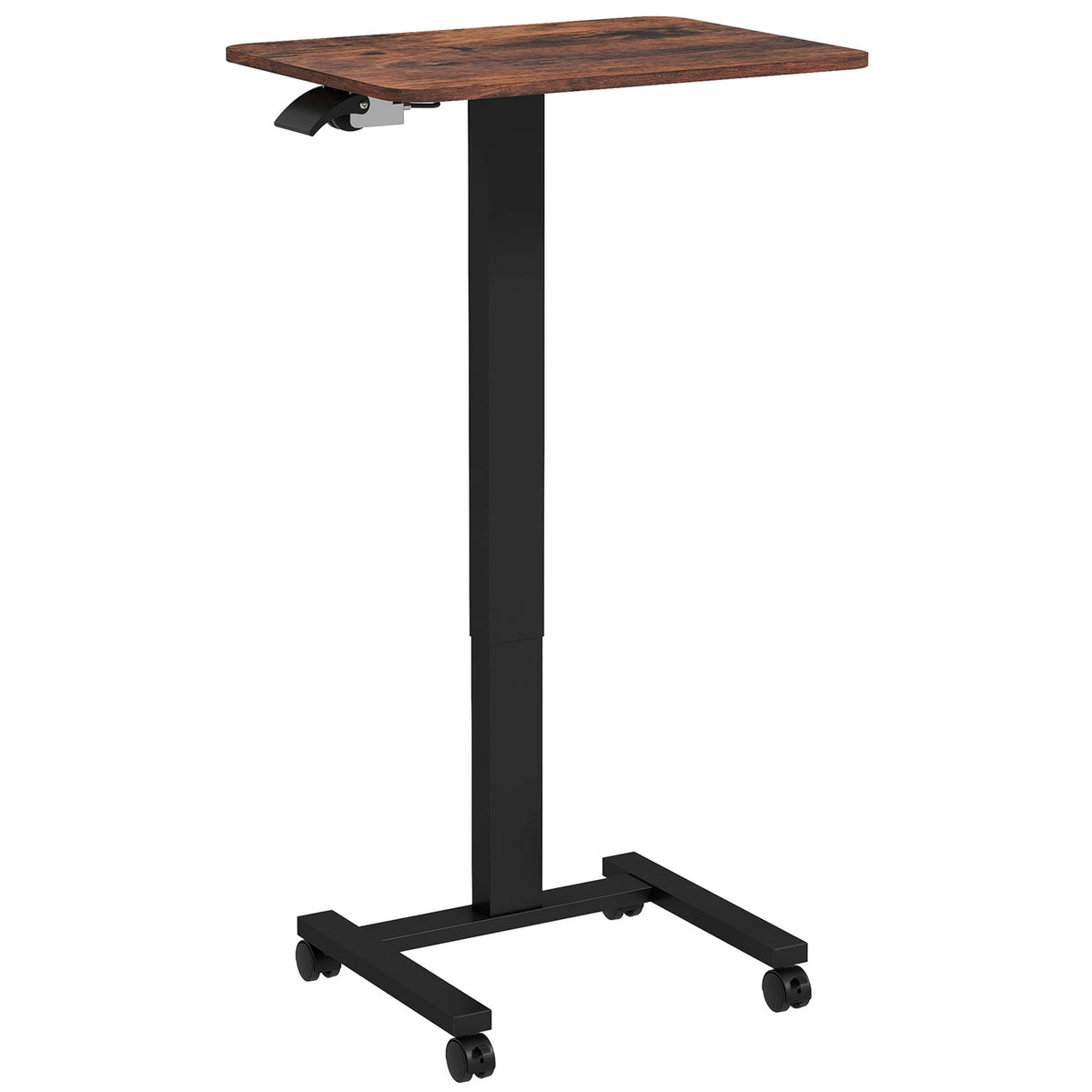 Height-adjustable laptop table, with 4 wheels, 2 brakes, 65 cm x 48 cm x 108 cm, with hand crank, brake, chipboard, rustic brown