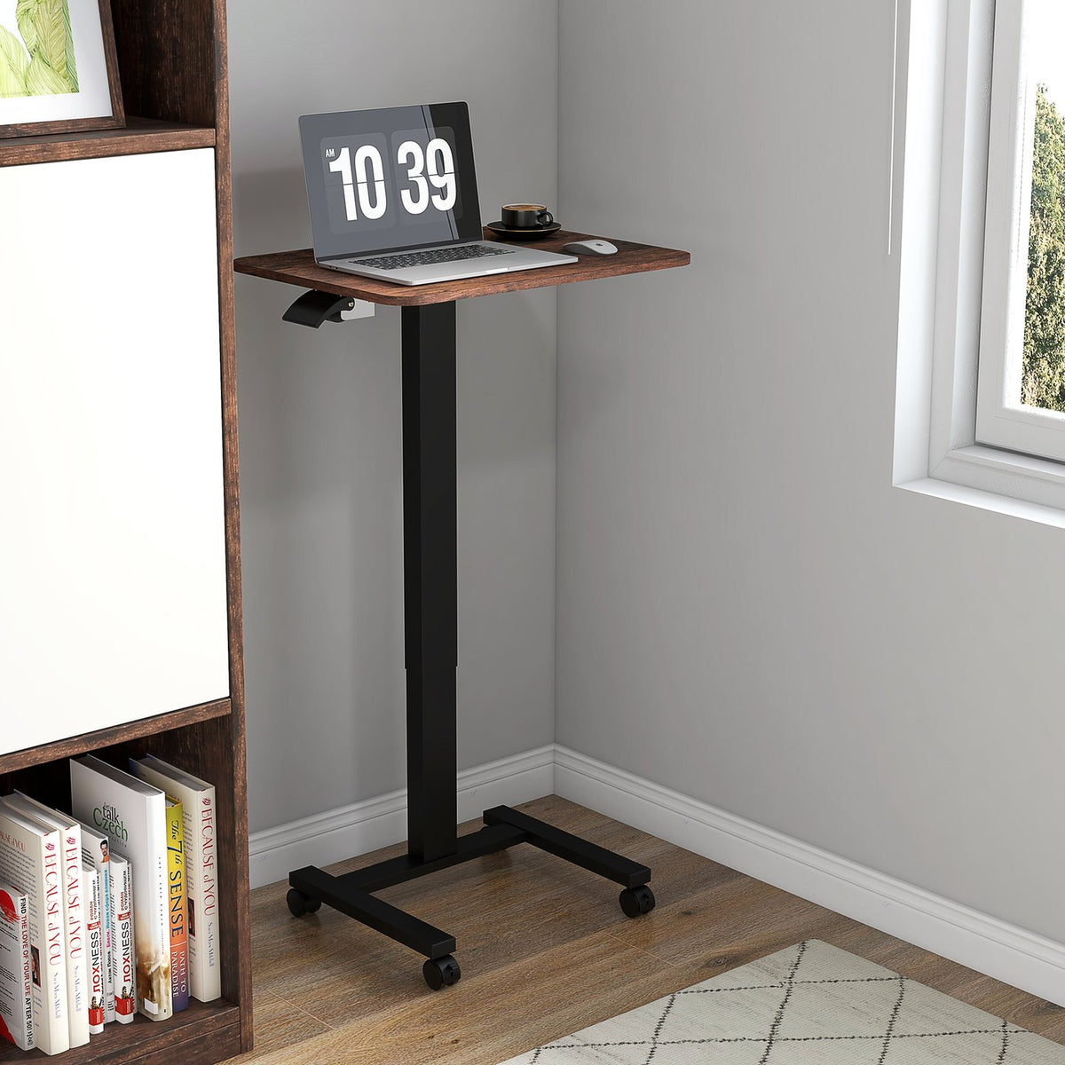 Height-adjustable laptop table, with 4 wheels, 2 brakes, 65 cm x 48 cm x 108 cm, with hand crank, brake, chipboard, rustic brown