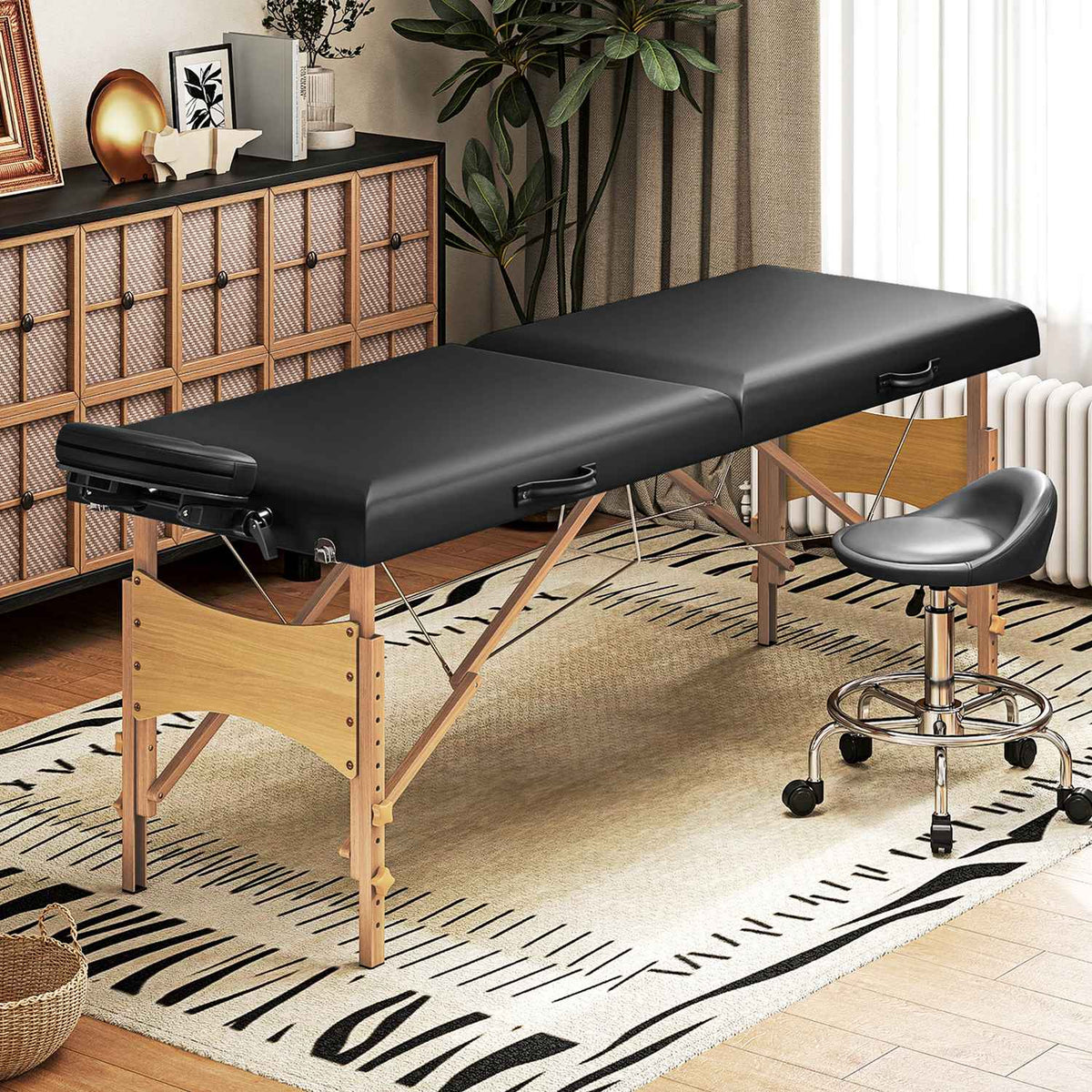 Height-adjustable massage table, wooden frame, foldable massage bed, foam padding, black