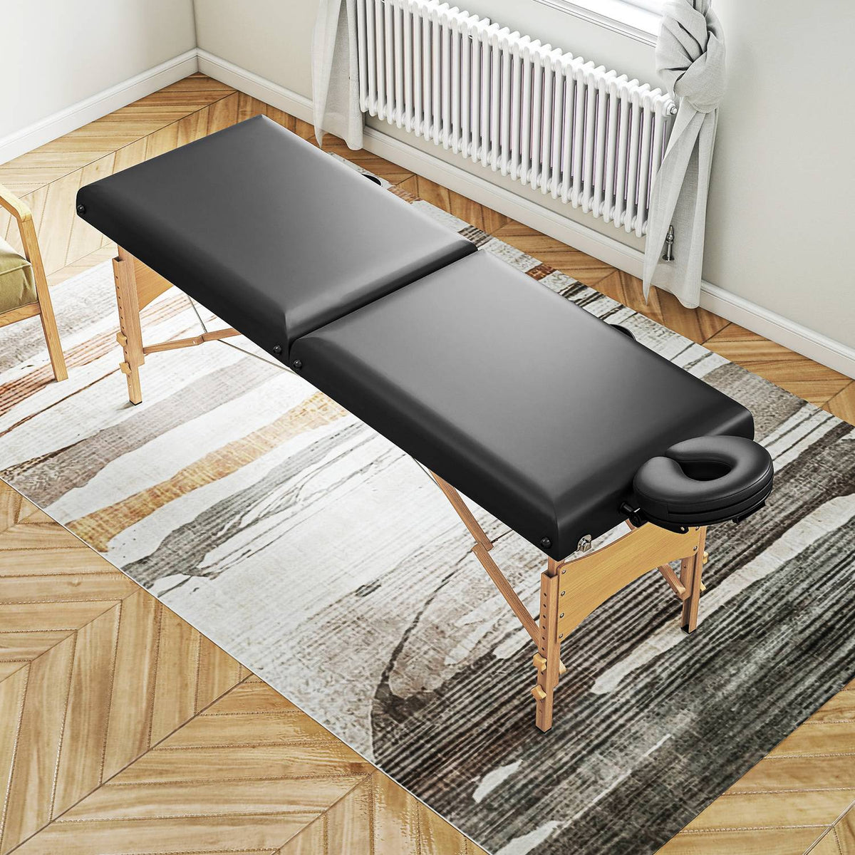 Height-adjustable massage table, wooden frame, foldable massage bed, foam padding, black