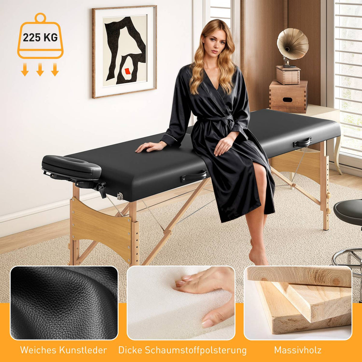 Height-adjustable massage table, wooden frame, foldable massage bed, foam padding, black