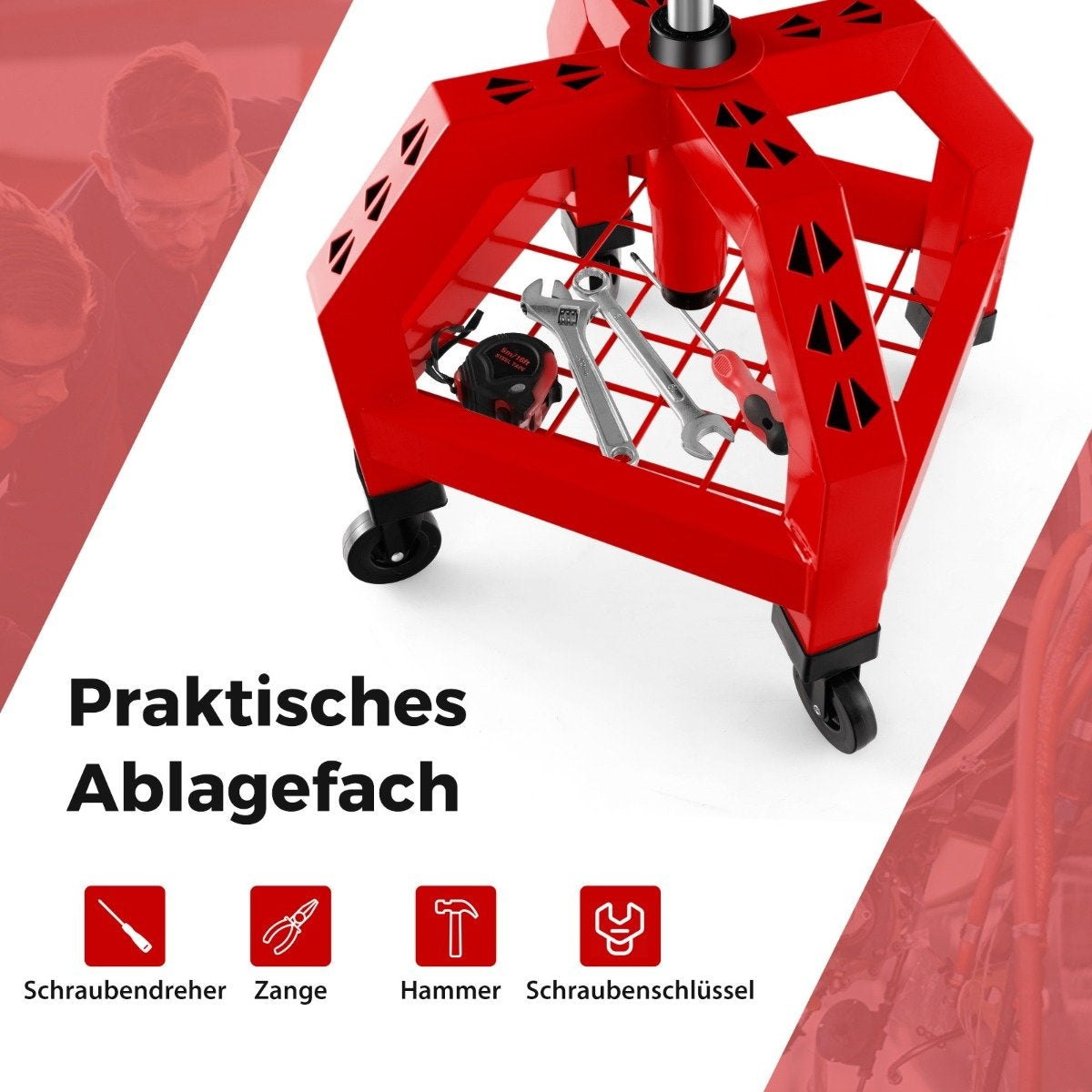 Height-adjustable workshop stool 150 kg load capacity with tool tray workshop chair red