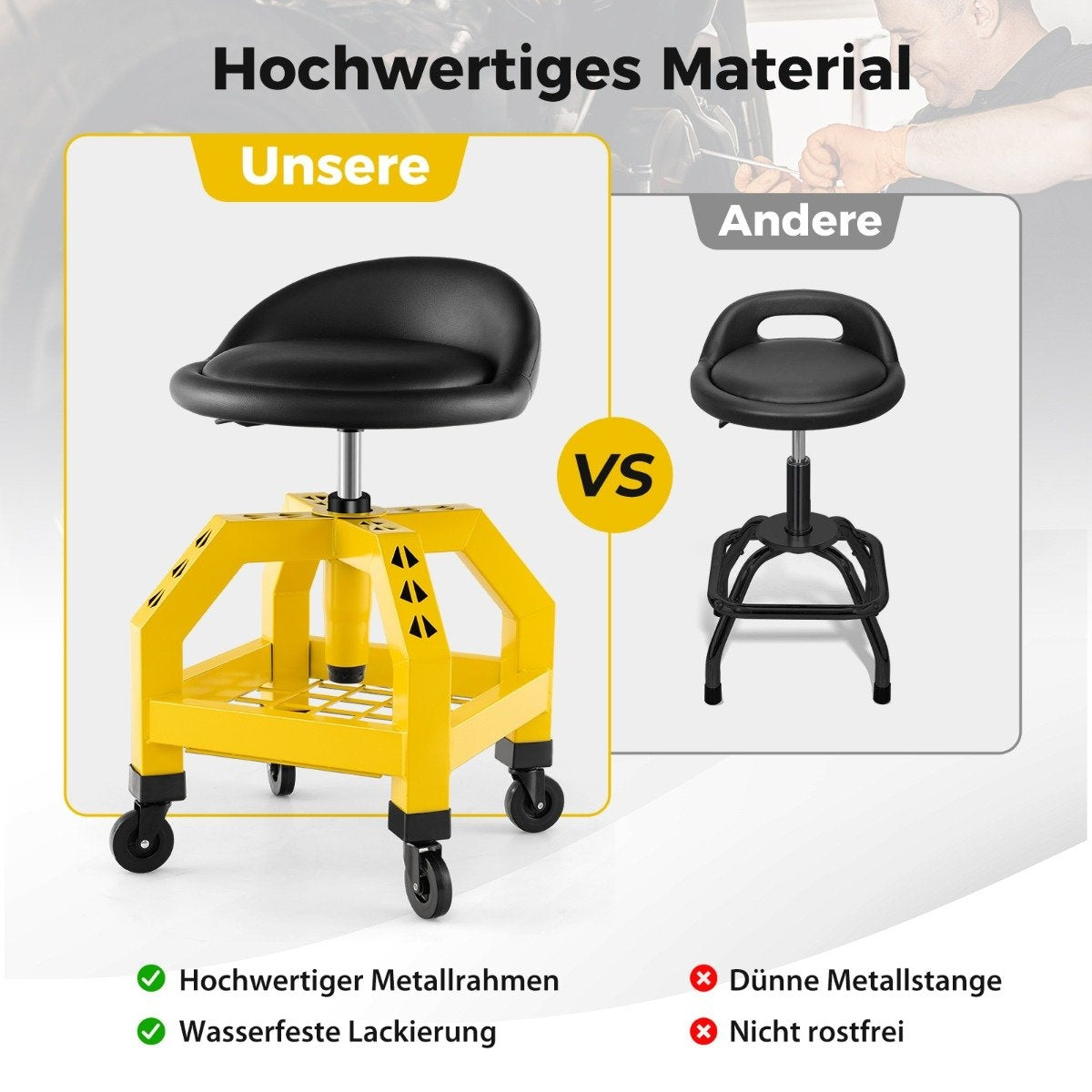 Height-adjustable workshop stool 150 kg load capacity with tool tray workshop chair yellow