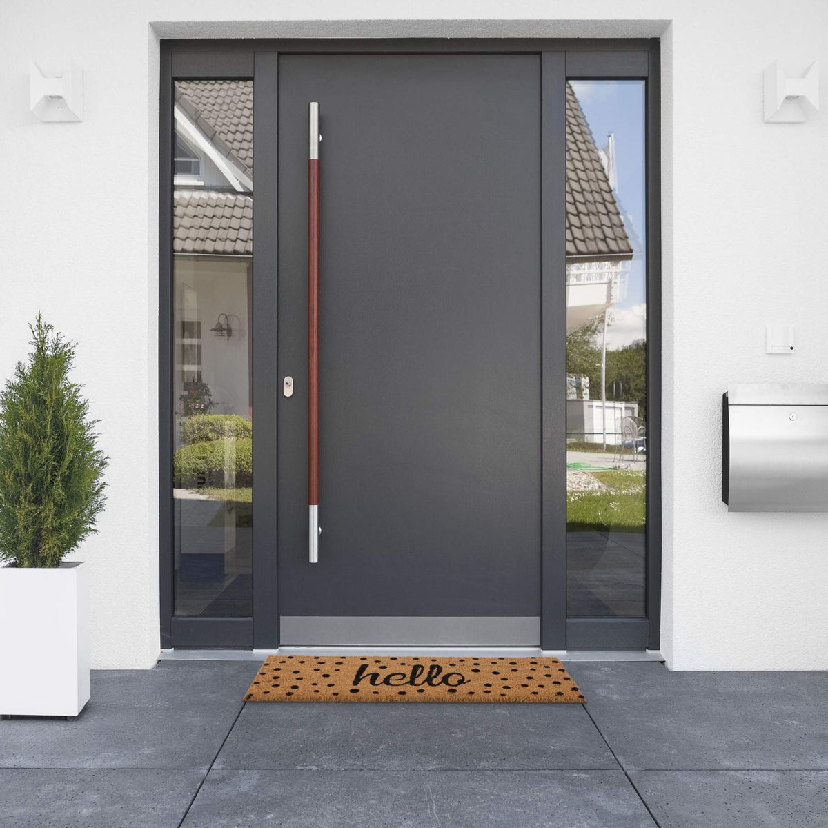 Hello coconut door mat with dots