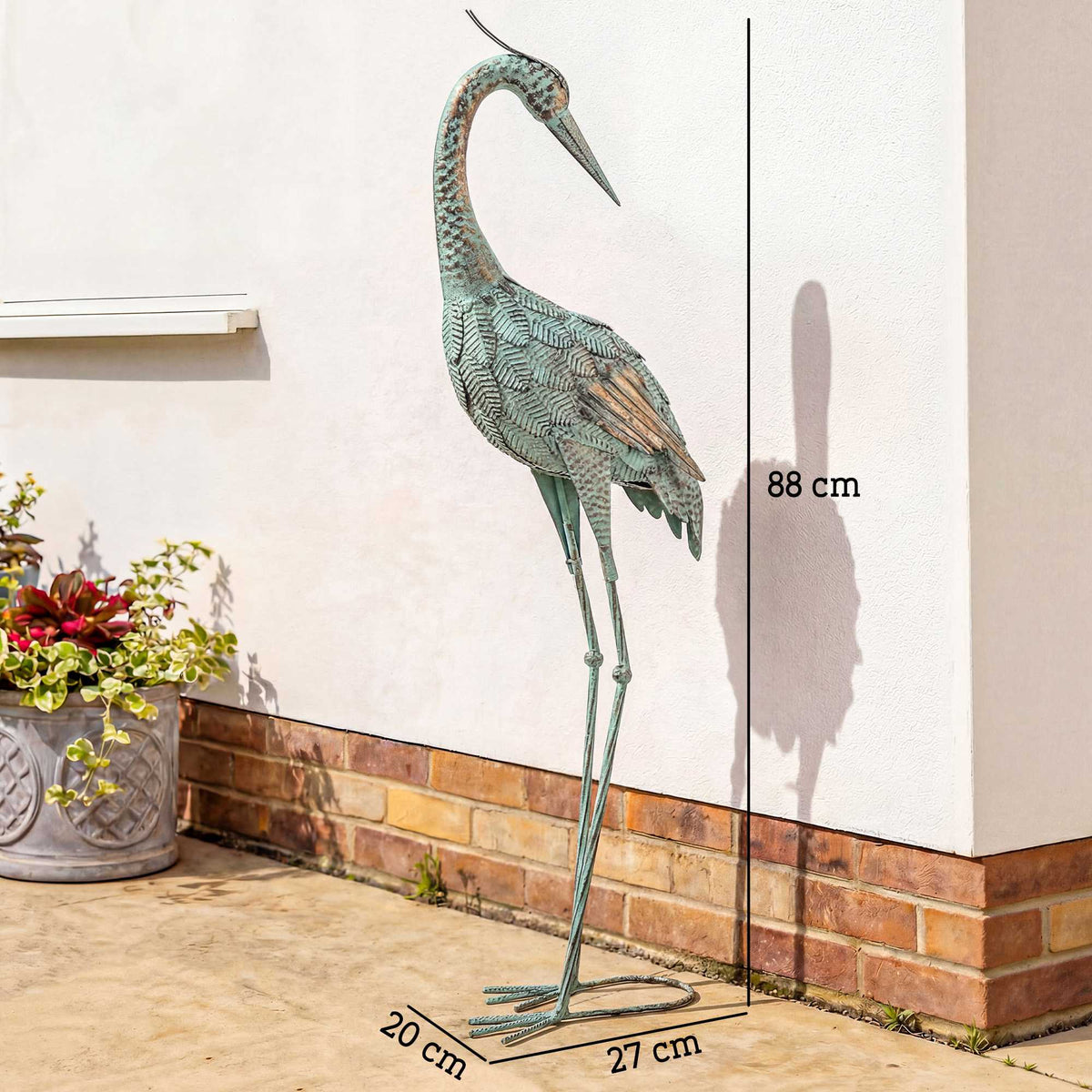 Heron Garden Statue, Metal, 88 cm, Green/Bronze